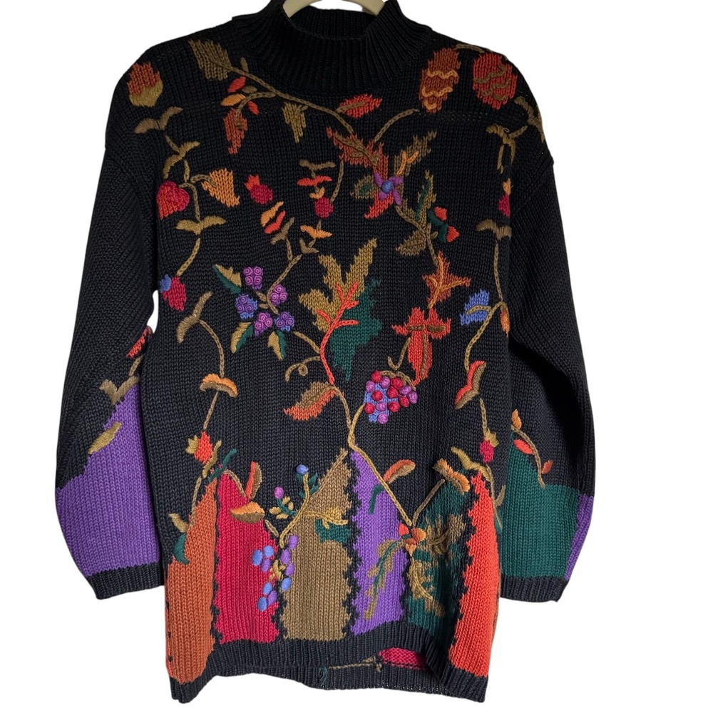 Vintage 1993 Debra Lubell Floral Mock Neck‎ Sweater Size Small